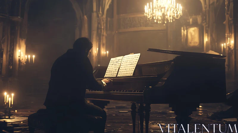 Pianist Under Chandelier AI Image