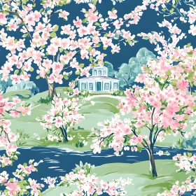 Idyllic Cherry Blossom Scene with a Charming Cottage