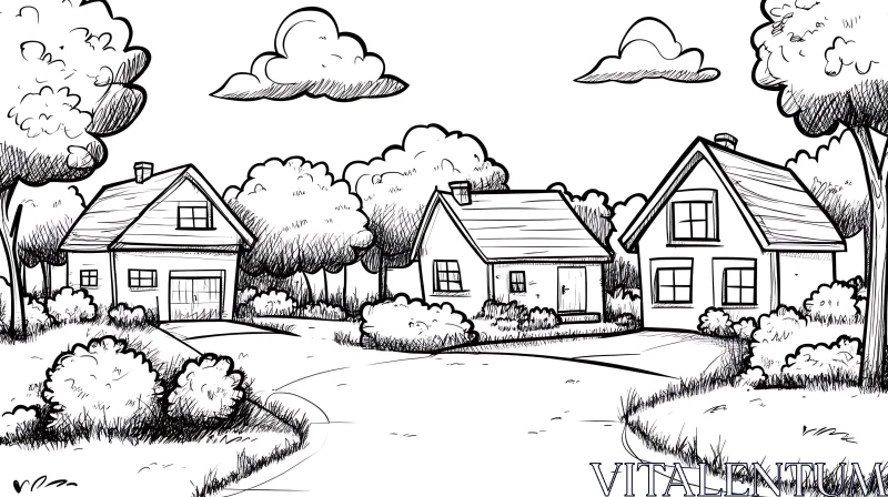 AI ART Serene Countryside Homes Drawing