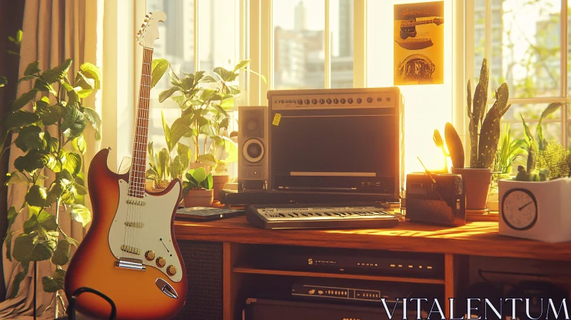 Warm Home Music Studio with Guitar and Sunlight AI Image