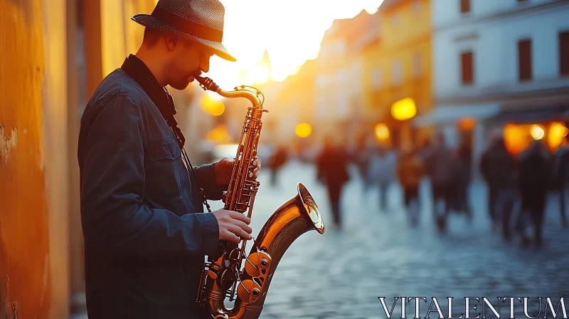 Street Musician at Golden Hour AI Image