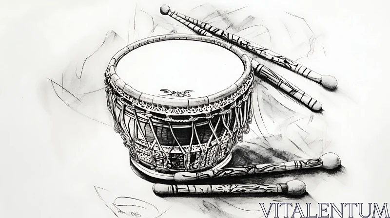 Intricate Sketch of a Traditional Drum and Drumsticks AI Image