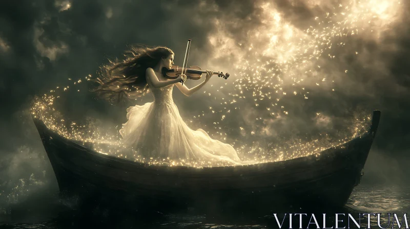 Enchanting Violinist in a Surreal Boat Scene AI Image