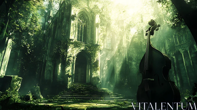 Gothic Cathedral and Cello in Sunlit Forest AI Image