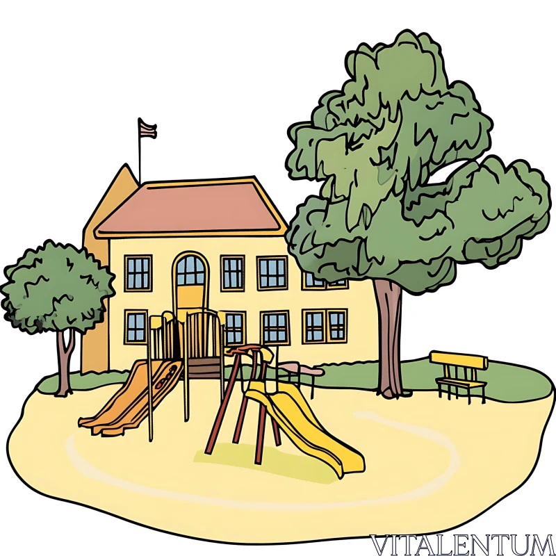 Illustrated Schoolyard with Slides and Trees AI Image