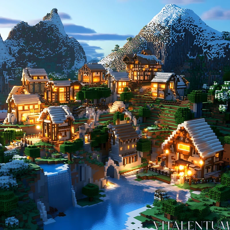 Pixelated Mountain Village in Minecraft AI Image