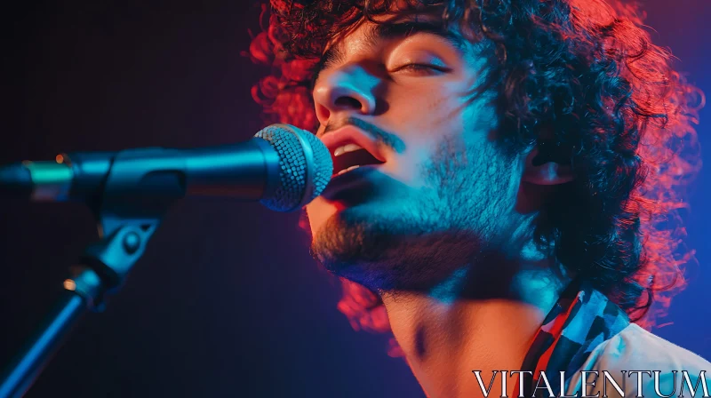 Male Vocalist Singing on Stage with Microphone AI Image