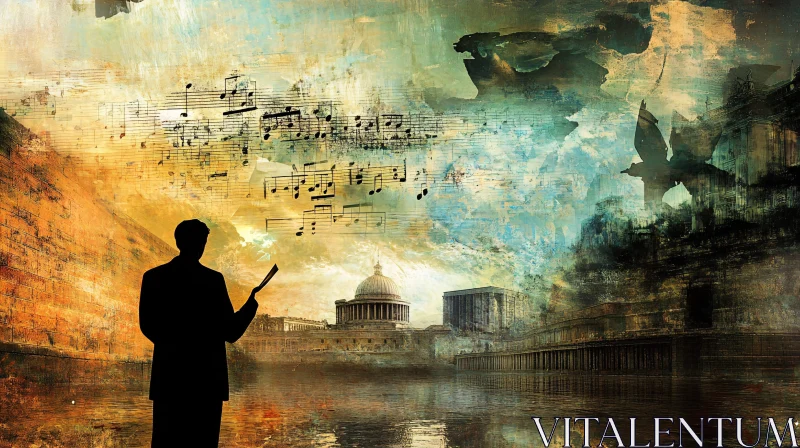 Silhouette of Man in Surreal Urban Scene with Music Notes AI Image