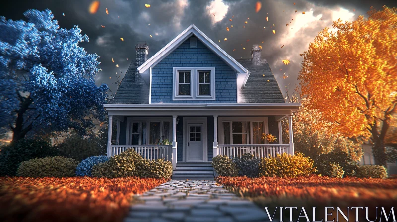 AI ART Autumn House with Blue and Orange Trees