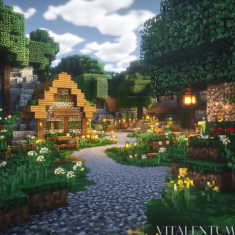 Charming Pixel Village Surrounded by Lush Forest AI Image