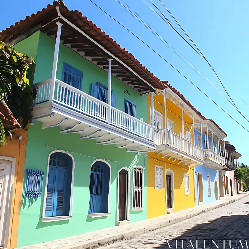 Vibrant Colorful Buildings with Balconies on Sunny Day AI Image