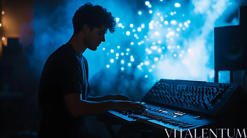 Silhouette of Keyboardist in Studio with Starry Lights AI Image