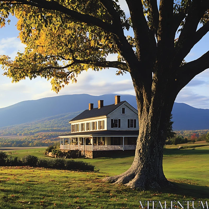 Serene Countryside House with Mountain View AI Image