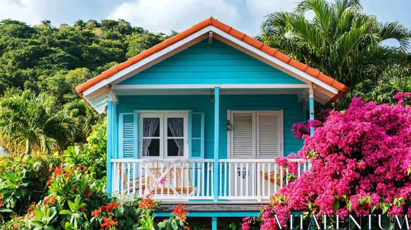 AI ART Turquoise House with Red Roof Amidst Tropical Garden