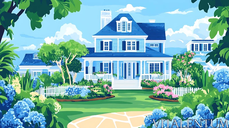 Blue Cottage with Flower Garden and Picket Fence AI Image