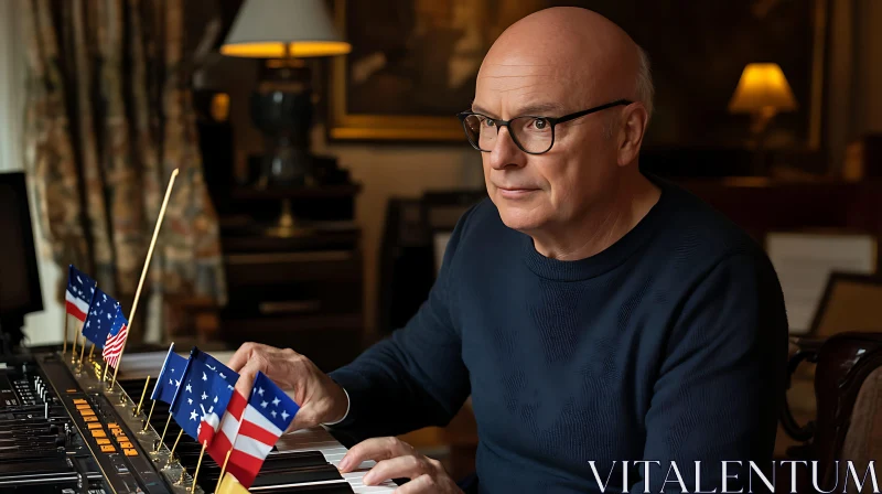 Focused Man at Piano with Decorative Flags AI Image