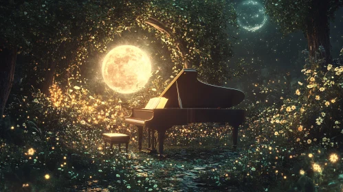 Enchanted Piano in Moonlit Forest