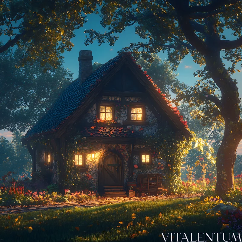 Fairy Tale Cottage Illuminated by Evening Sunlight AI Image