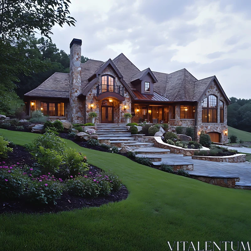 Elegant Stone Home with Lush Garden AI Image