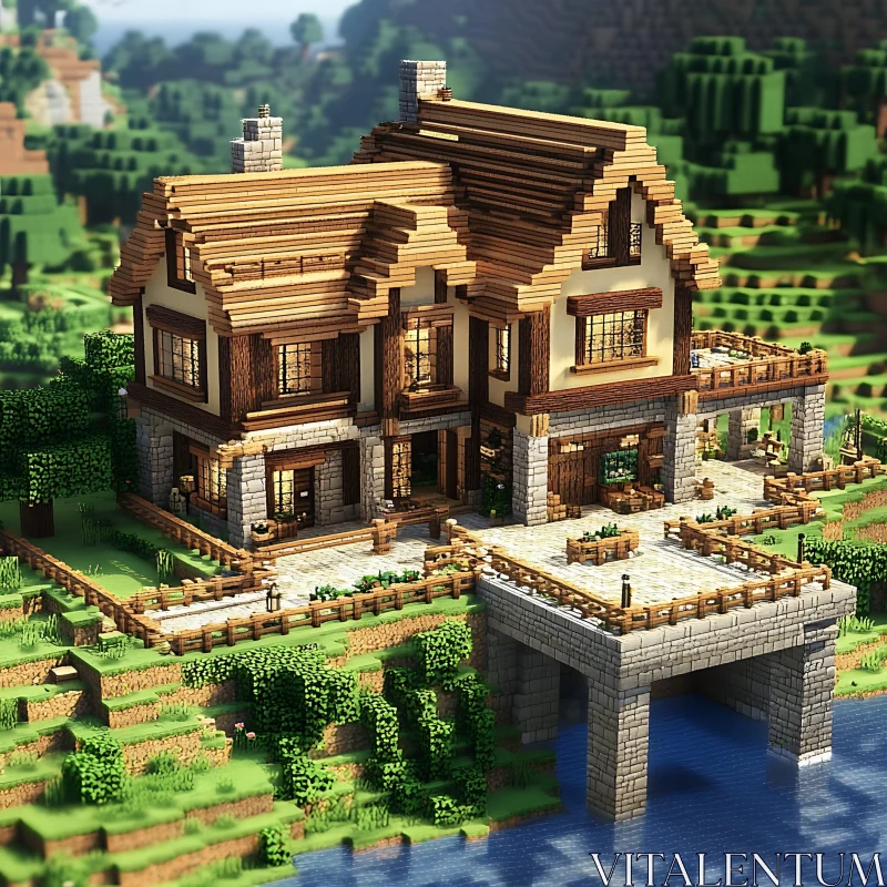 Minecraft Block House with Wooden and Stone Architecture AI Image