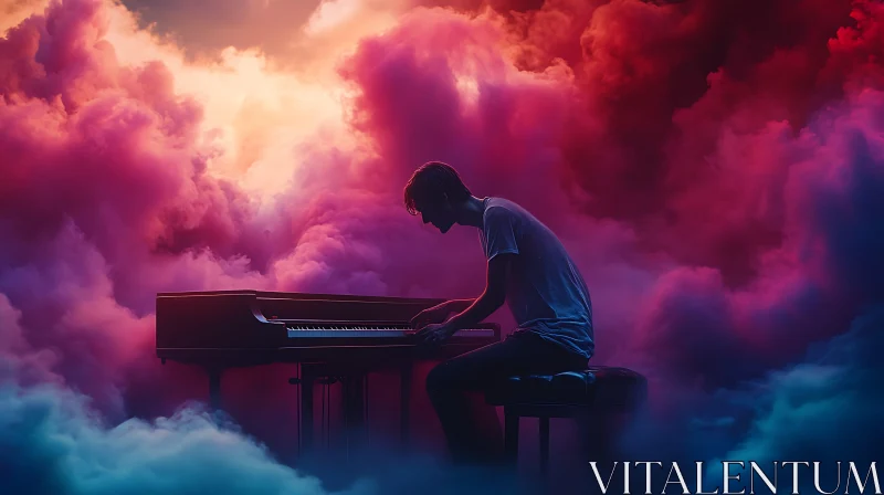 Dreamy Piano Amidst Vibrant Clouds AI Image