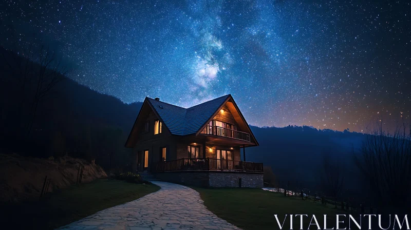 Mountain Cabin at Night AI Image