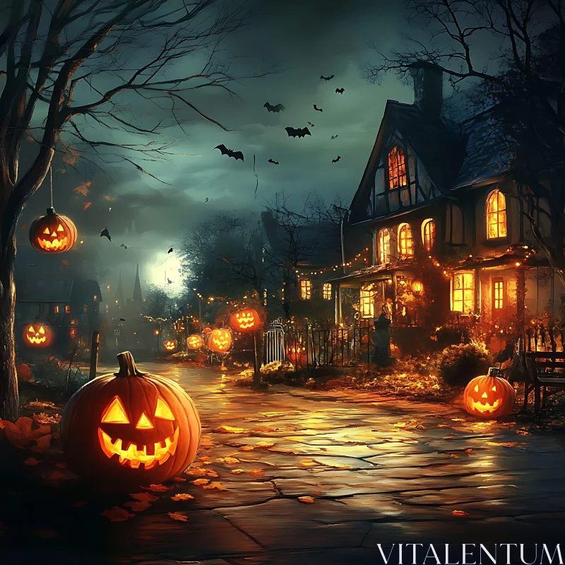 Eerie Halloween Pathway Lit by Jack-o-Lanterns AI Image