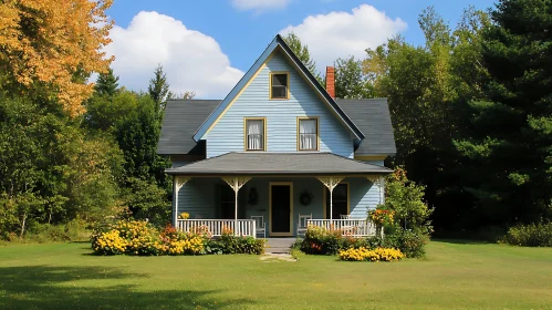 Picturesque Blue Cottage in a Lush Green Garden