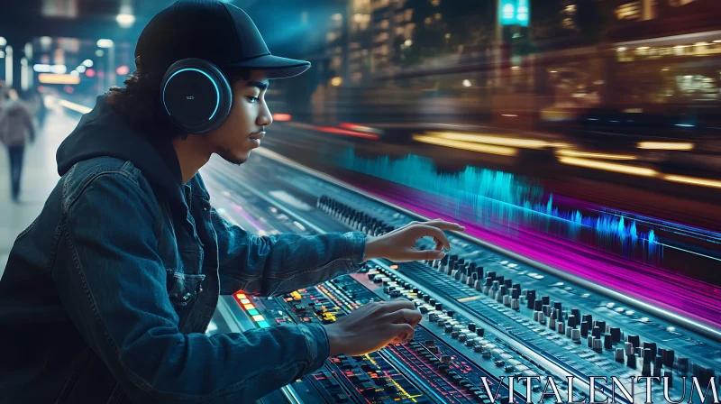 Focused Music Mixer Operator in a Neon-lit Studio AI Image