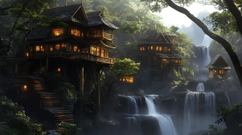 Magical Treehouses in a Forest with Cascades