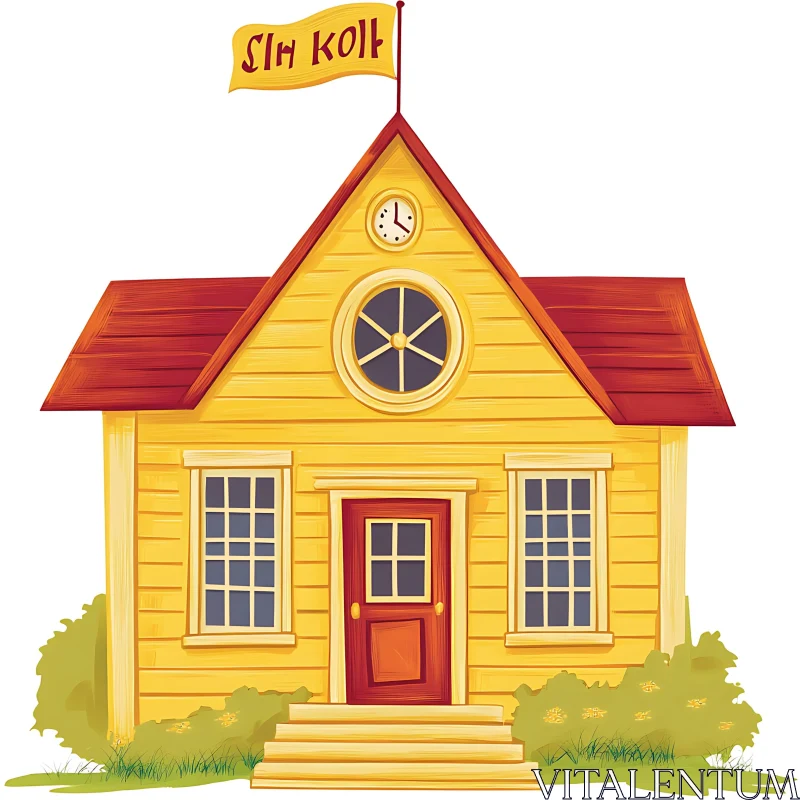 Quaint Yellow Cartoon Schoolhouse with Red Roof AI Image