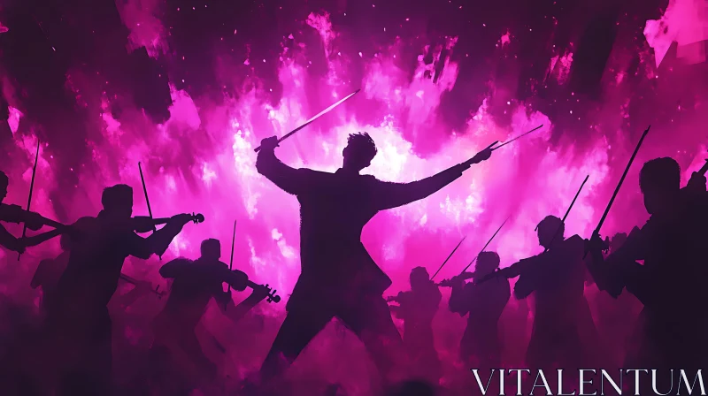 Orchestra Silhouettes with Conductor in Luminous Purple AI Image