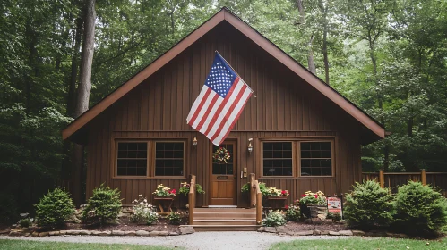 Forested Cabin with Patriotic Display