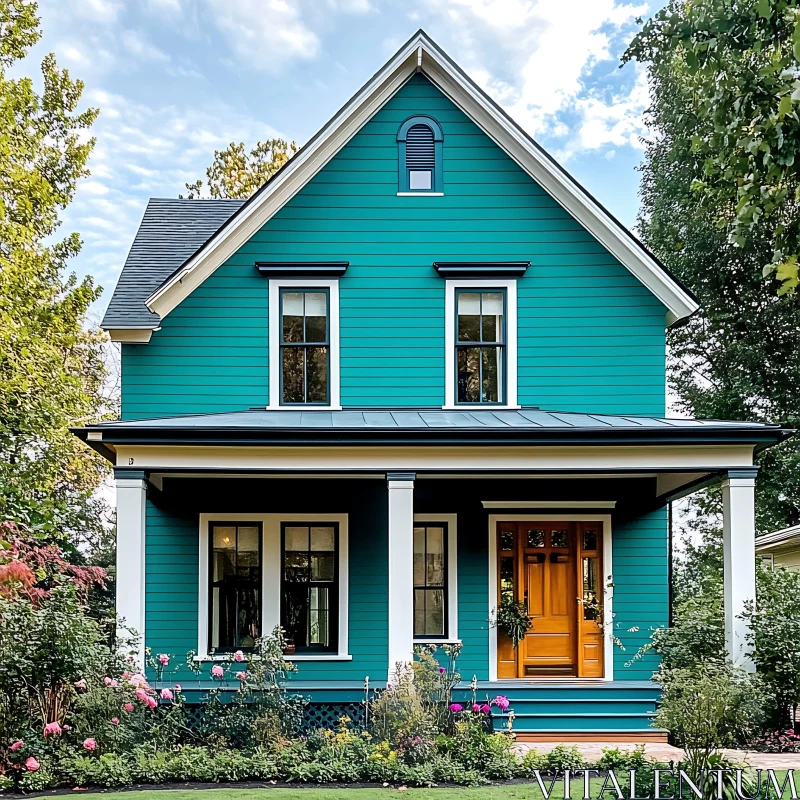 Teal Wooden House with Porch and Garden AI Image