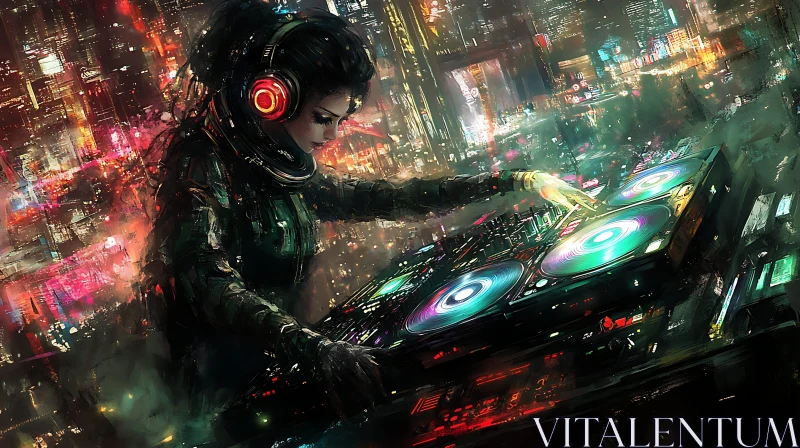 AI ART Neon Cyberpunk DJ Set in Futuristic City