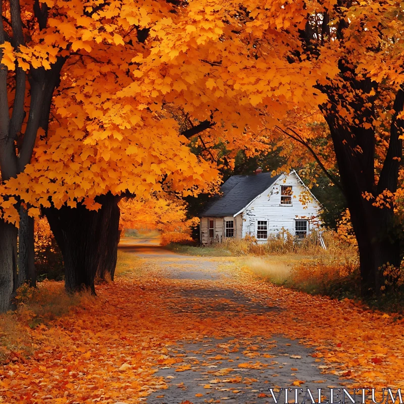 Rustic Cottage Surrounded by Autumn Leaves AI Image