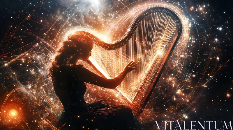 Celestial Harpist in a Galactic Scene AI Image