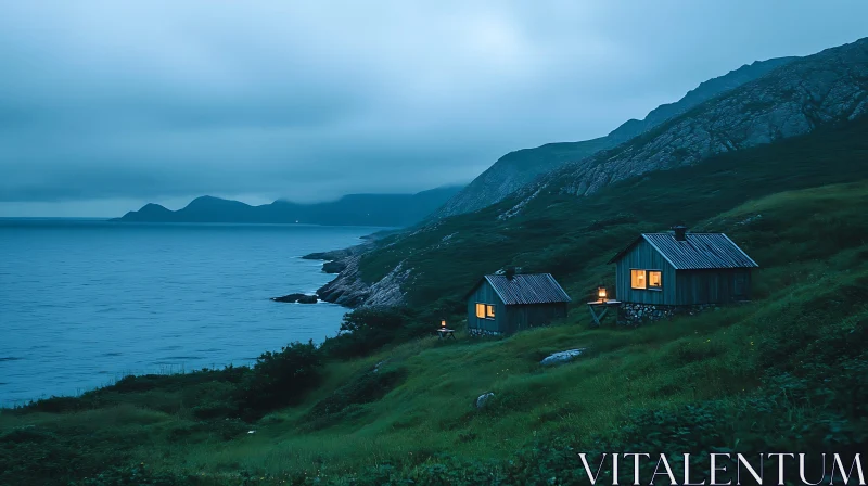 AI ART Cozy Cabins by the Seaside in Evening Light