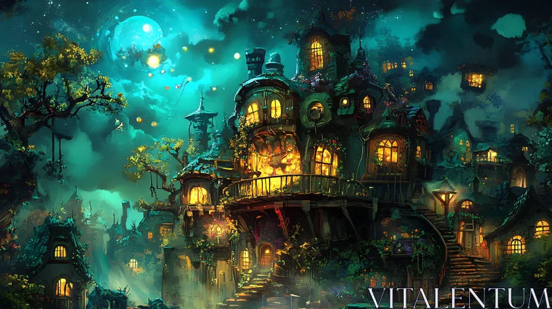 Magical Night-time Fantasy Village AI Image