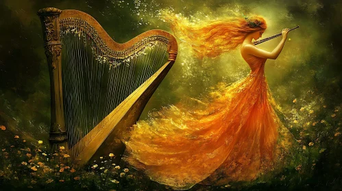 Fantastical Scene of Woman Playing Flute with Harp