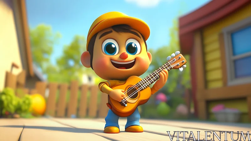 Happy Cartoon Child with Guitar AI Image