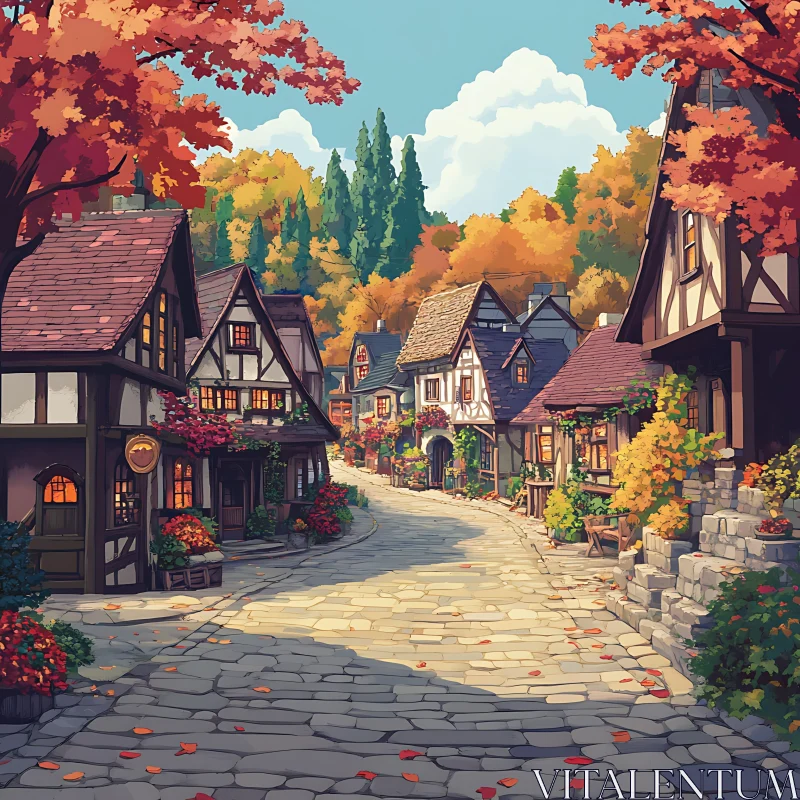 Autumnal Village with Timeless Timber-Framed Cottages AI Image