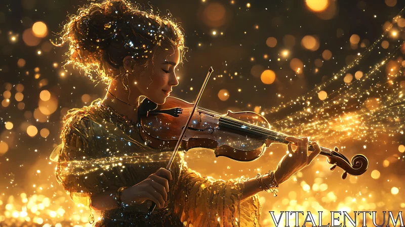 Magical Woman Playing Violin Amidst Golden Sparkles AI Image