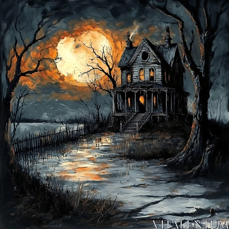 Eerie Abandoned House with Full Moon AI Image