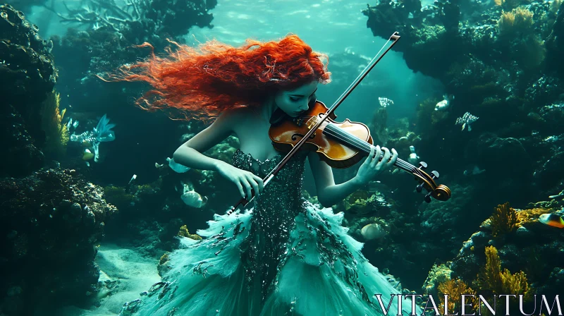 Mermaid with Violin in Underwater Fantasy World AI Image