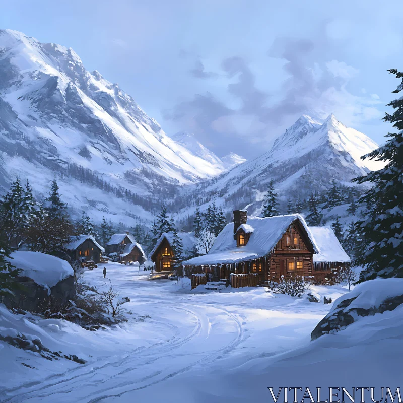 Snowy Mountain Village with Cozy Cabins AI Image