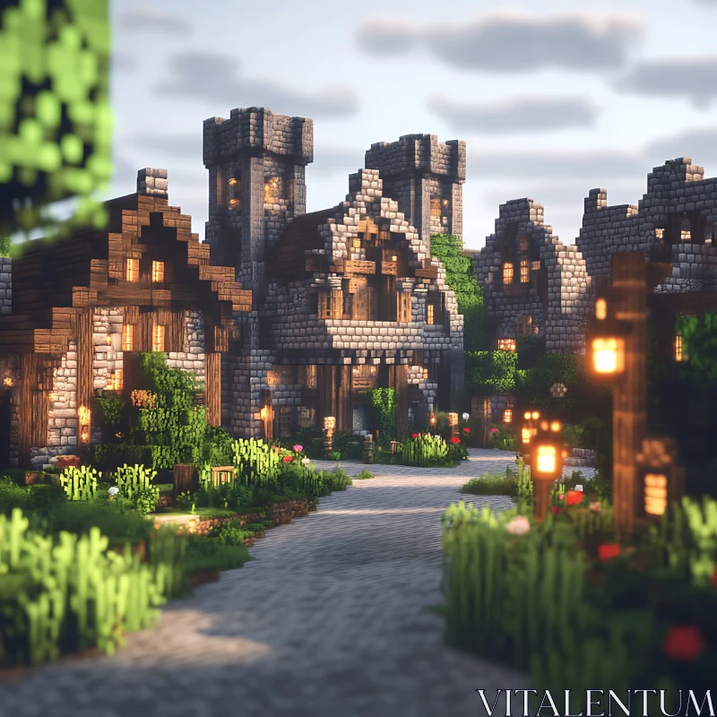 AI ART Cobblestone Medieval Village Pathway