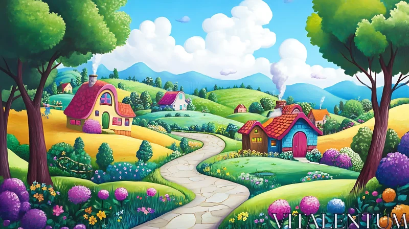 Charming Fantasy Village with Vibrant Nature AI Image