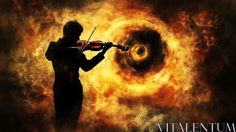 Violinist Silhouette with Fiery Background AI Image