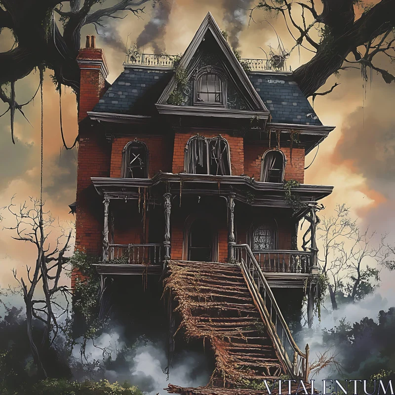 AI ART Haunted Gothic Mansion Amidst Ominous Skies